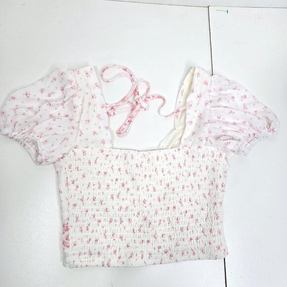 Vintage Y2K 90s Prairie Cottagecore Pink Wihte Floral Smocked Cropped Top - Picture 8 of 11